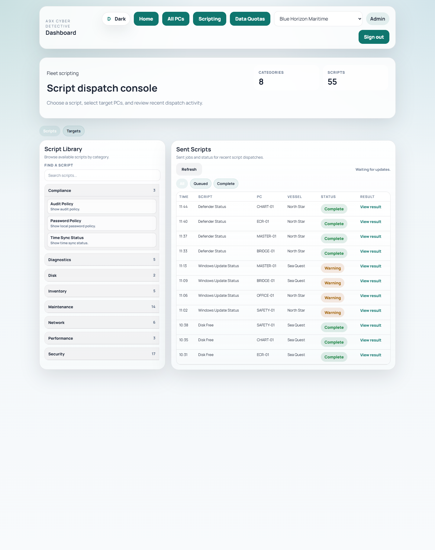 A9X Cyber Detective scripting console showing the script library, recent sent scripts, vessel names, status badges, and result links
