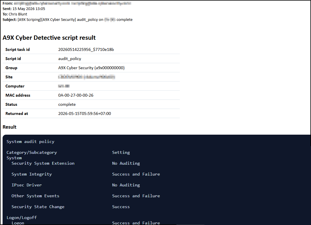 A9X Cyber Detective script result email showing fleet, vessel, computer, status, and returned output