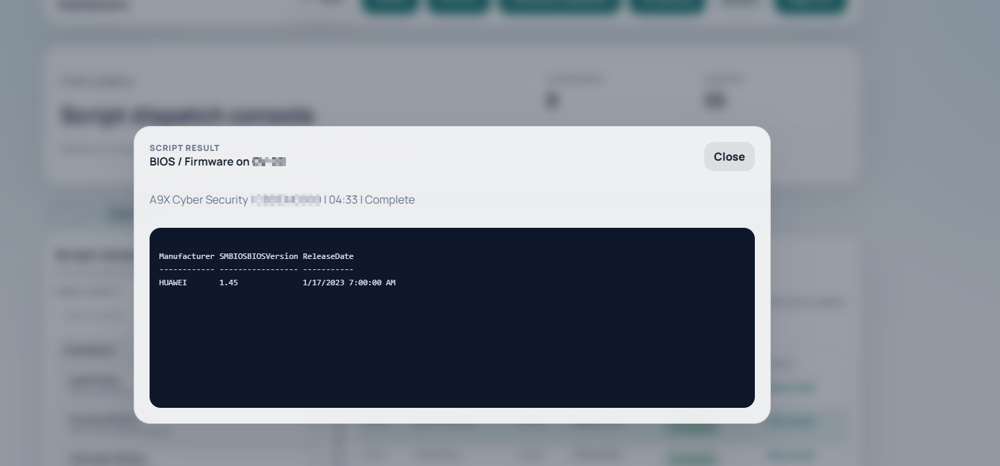 A9X Cyber Detective portal script result modal showing returned output for a vessel PC